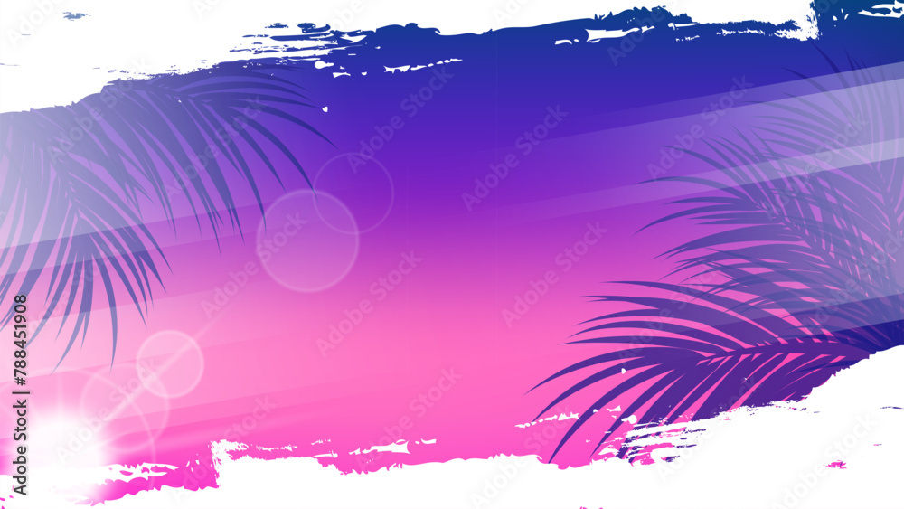 Summertime background with palm leaves, summer sun and white brush strokes for Summer season creative graphic design. Vector illustration. - obrazy, fototapety, plakaty 