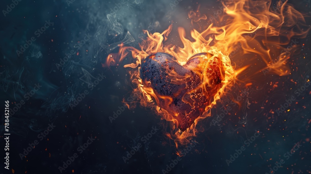 A beautiful heart of fire and flame. Passion. The flame is a symbol of love. A searing fire in the shape of a heart. - obrazy, fototapety, plakaty 