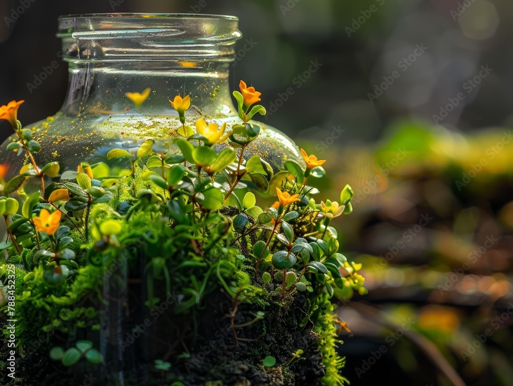 Close-up of a small, vibrant ecosystem within an old bottle Close-up of a small, vibrant ecosystem within an old bottle
