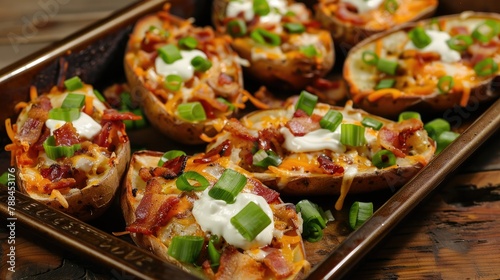 Baked potatoes with bacon, cheese and green onion on wooden background