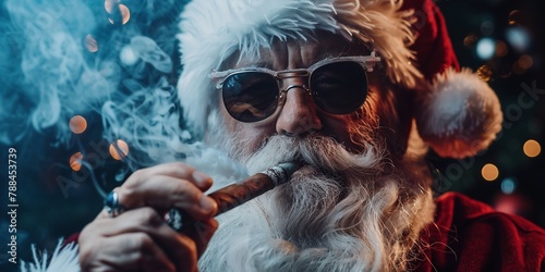 Bad Santa celebrating Christmas at home alone, he is smoking a cigar and drinking beer
