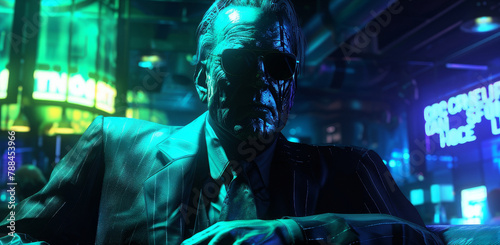 Underworld kingpin in a holographic den, crime and neon, cybersyndicate photo