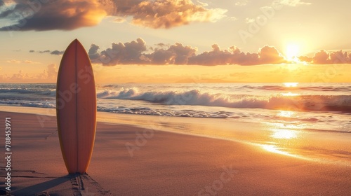 Sunset surfboard podium on a sandy beach, waves crashing, for summer and surf brands photo