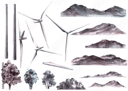 Landscape constructor. Windmills wind turbine, hills, mountains, bushes trees. Hand drawn monochrome watercolor illustration. Green energy concept , environmental protection. isolated white background