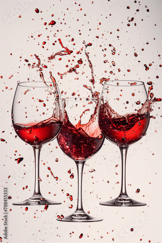Glasses of red wine flying in the air, splashes of wine fly away, on a white background 