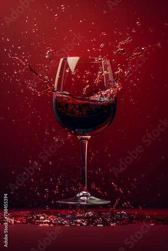Glasses of red wine flying in the air, splashes of wine fly away, on a red background 