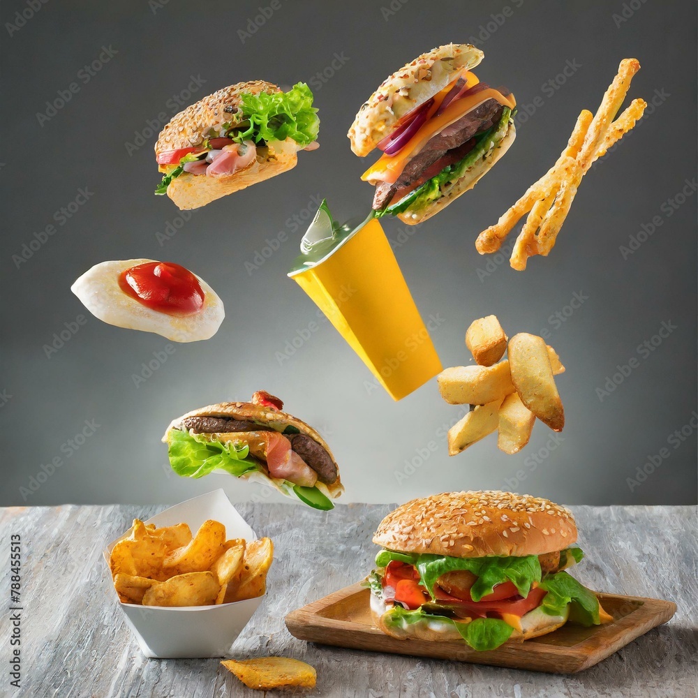 Assorted Fast Food Items Flying on White Background, sandwich - obrazy, fototapety, plakaty 