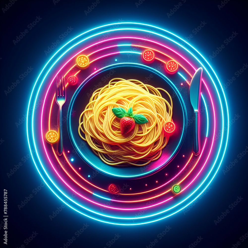 Eye-catching delicious neon spaghetti plate - obrazy, fototapety, plakaty 