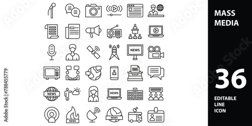 Set of line icon related to mass media, social networks, public media, journalism, communication, networking. Outline icon collection. Editable stroke. Vector illustration