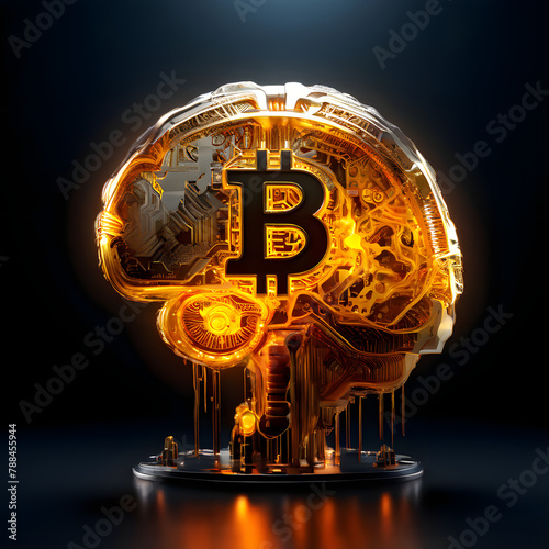 Golden brain with 3D Bitcoin coin neural networks illuminated, symbolizing the cognitive processes involved in research and discovery