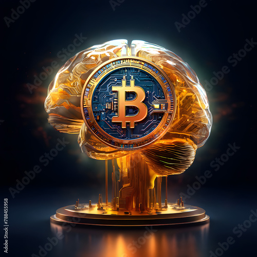 Golden brain with 3D Bitcoin coin neural networks illuminated, symbolizing the cognitive processes involved in research and discovery