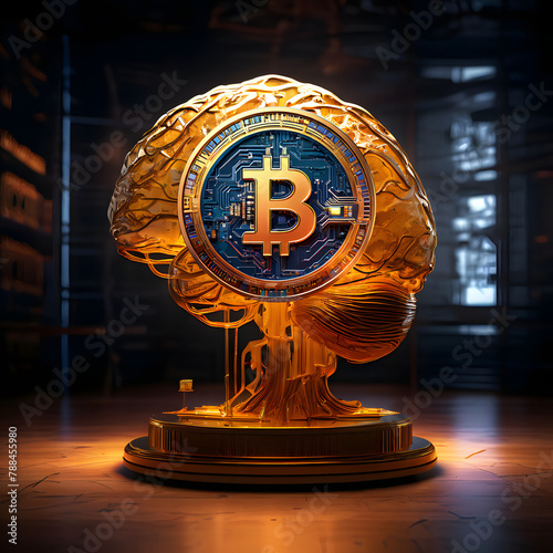 Golden brain with 3D Bitcoin coin neural networks illuminated, symbolizing the cognitive processes involved in research and discovery