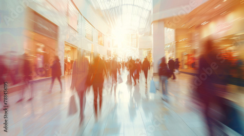 Blurred figures of shoppers in a shopping center, abstract background photo