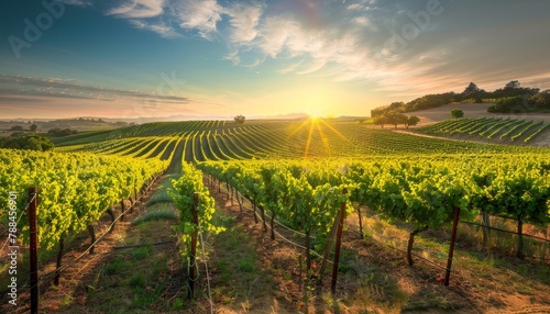 A field of grape vines with a beautiful sunset in the background by AI generated image