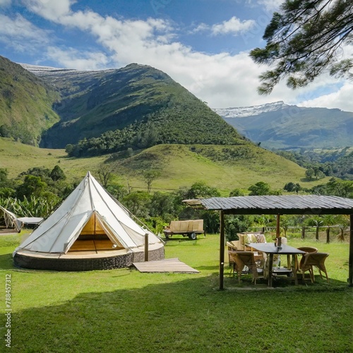 mountain landscape featuring elegant glamping the tranquil countryside, providing a luxurious camping