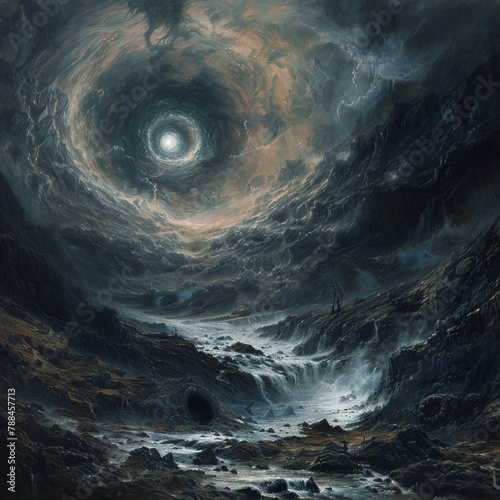 Vast cosmic vortex with celestial light at the epicenter over a surreal rocky landscape