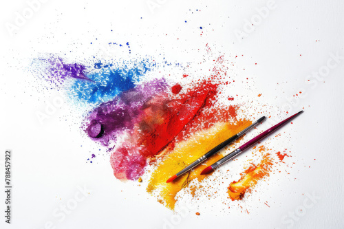 abstract watercolor background with splashes.  Blue, Purple, red, yellow, colors, and brushes,