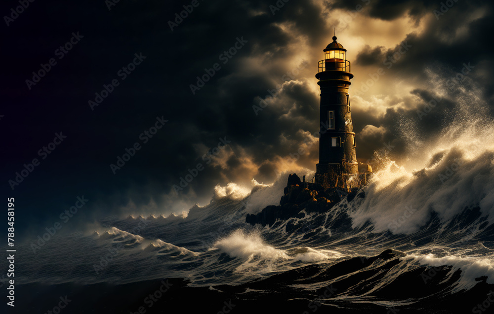 lighthouse on the rough sea, black and gold with a free space to add your text, high detailed, HDR