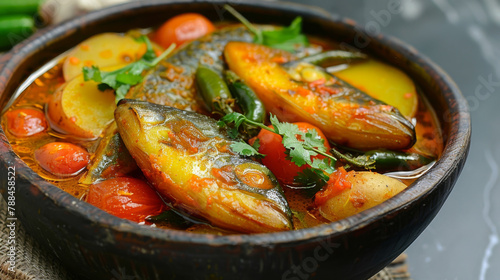 Colorful fish curry with fresh herbs and cherry tomatoes, presented in a rustic bowl