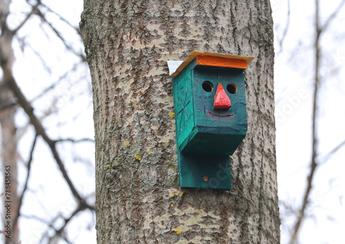 An empty wooden funny green birdhouse on a tree in the garden in spring