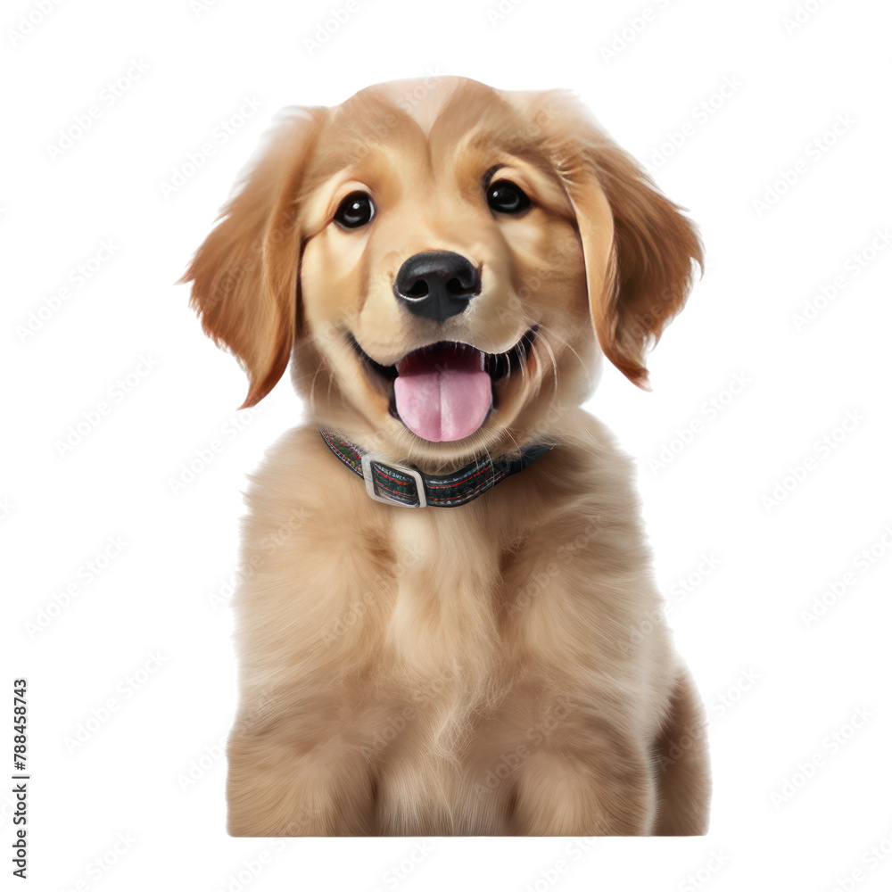 Adorable Golden Retriever Puppy Sitting Happily in Studio, Isolated on White Background