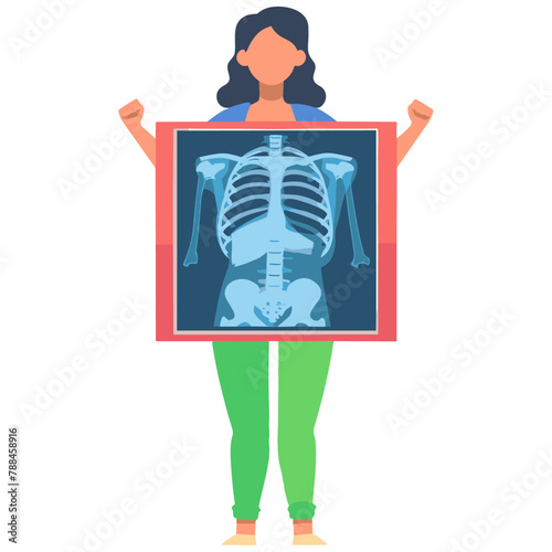 portrays a person holding an X-ray film that displays a detailed view of the human ribcage, spine, and pelvic bones