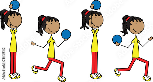 Cartoon vector illustration of a girl exercising - reverse lunge with medicine ball overhead