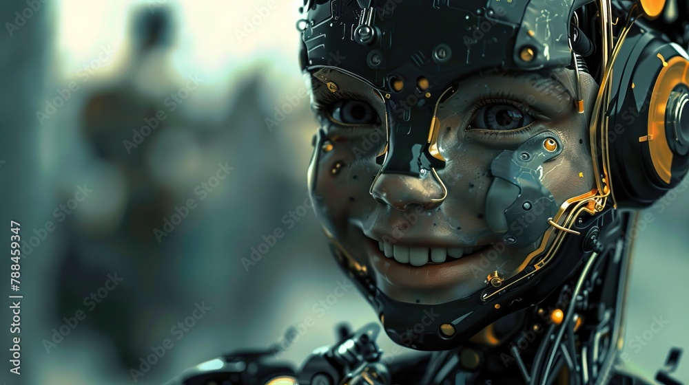 A smiling humanoid robot with intricate electronic details on the face A smiling humanoid robot with intricate electronic details on the face