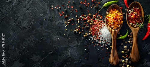 Pepper in a spoon. Colored pepper, sea salt, ground pepper, chili pepper. different spices. View from above. On a black concrete background. place for text. generative ai photo