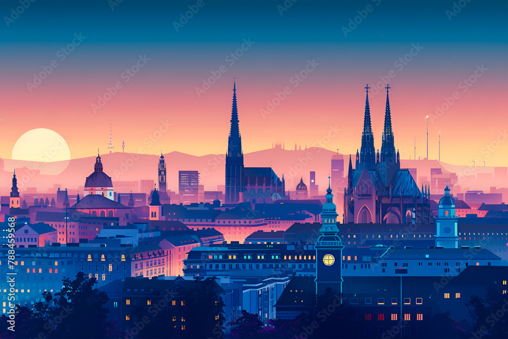 Vienna Austria City Vector Skyline Illustration Silhouette Sunset - obrazy, fototapety, plakaty 