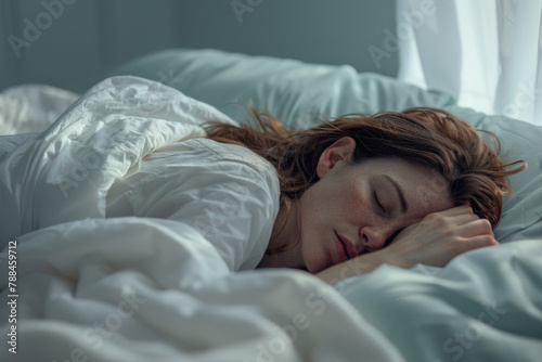 femme en train de dormir reposée et calme à la lueur de la lumière du matin photo