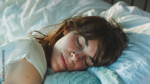 femme en train de dormir reposée et calme à la lueur de la lumière du matin photo