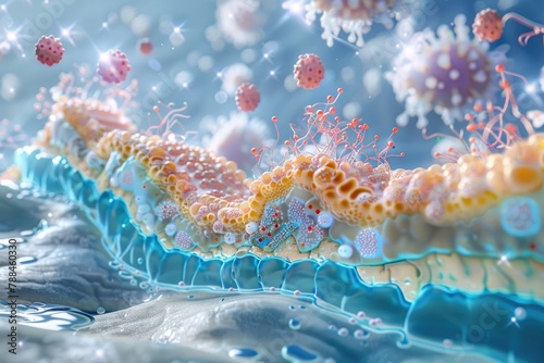 A vivid 3D illustration of the dermal-epidermal junction with detailed enzymatic activity related to Vitamin D production photo