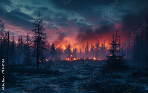 Forest fire at night. Natural disaster  flames destroy the forest. Fiery glow over the fire. 3d image