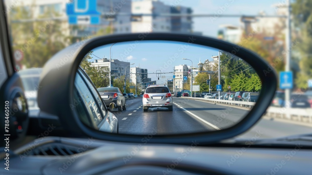 A rear-view mirror perspective of an impending collision on the road. A rear-view mirror perspective of an impending collision on the road.