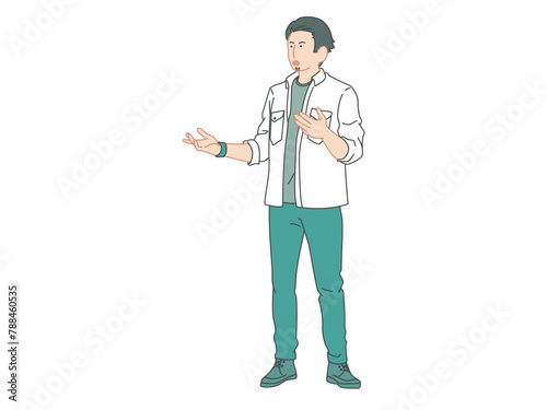 説明をするビジネス風の男性のイメージイラスト素材