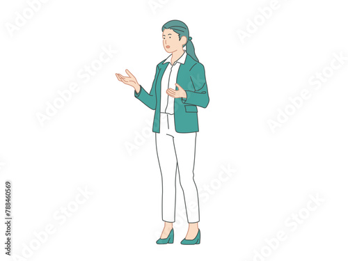 説明をするビジネス風の女性のイメージイラスト素材