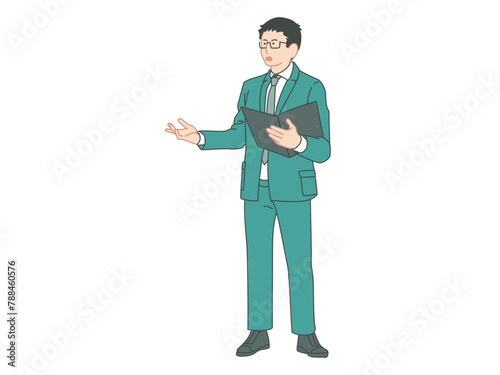 説明をするビジネス風の男性のイメージイラスト素材