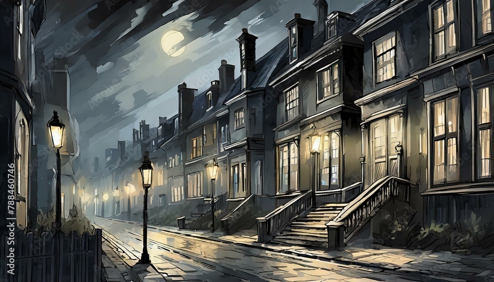 Illustrate a nighttime urban scene where streetlights create dynamic shadows from a row of Victorian townhouses