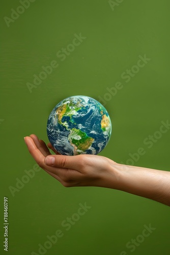 Hand holding planet Earth against green studio background World Earth Day concept AI Image