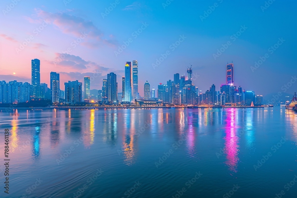 a city skyline with a body of water in the foreground