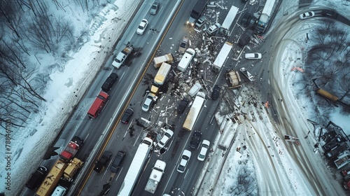 An overhead view of a highway pile-up due to poor weather conditions.