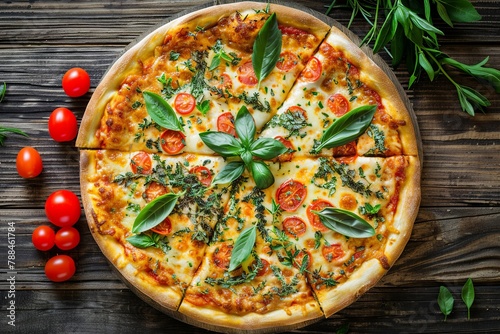 pizza. some. various herbs. Italian Cuisine. View from above. On a wooden background. generative ai