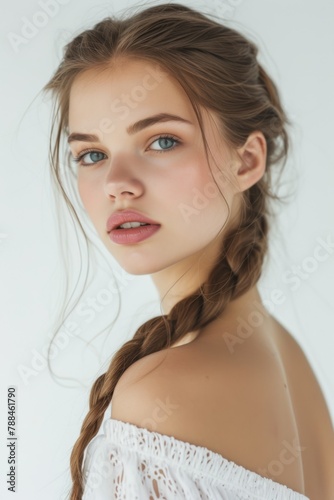 Portrait of a young European woman with captivating blue eyes and a braid, embodying ethereal beauty