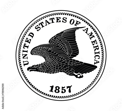 Vector American money, one cent coin, 1857. The coin is depicted in black and white. Vector illustration.