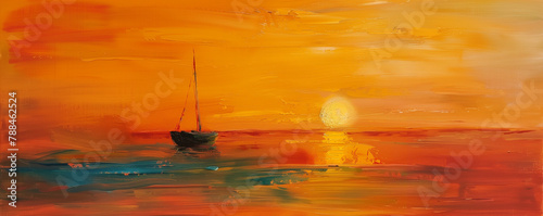 Abstract painting: Sea, sky and sun. Postcard with sunset on the sea and ocean