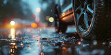 A detailed close-up shot of a car's tire on a wet road, showcasing the raindrops and the reflection of city lights