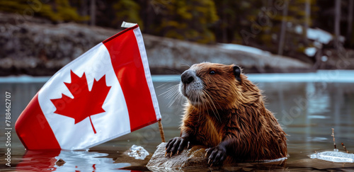 Canada Day celebration with a beaver with national flag by a lake in a natural forest background.