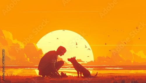 A boy plays with his dog on the beach, birds fly in the sky, the golden sun shines behind them. 