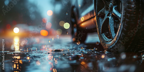 A detailed close-up shot of a car's tire on a wet road, showcasing the raindrops and the reflection of city lights photo